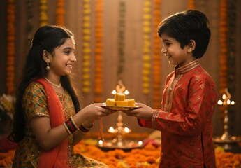 Indian Brother Feeds Sister Sweet During Festive Celebration - Raksha Bandhan & Diwali Joy