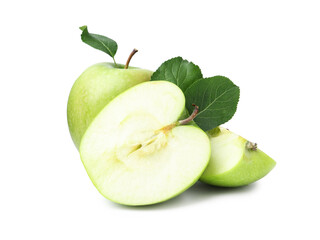 Cut, whole apples and leaves isolated on white