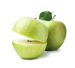 Fresh whole, cut apple slices with leaf isolated on white