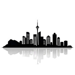 Fototapeta premium City Skyline at Night, Reflected in Still Water Below isolated on transparent background Generative AI.