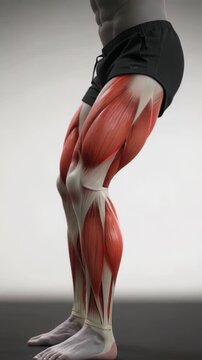 3D anatomical animation of a male performing a squat exercise demonstrating quadriceps and glute muscle activation.