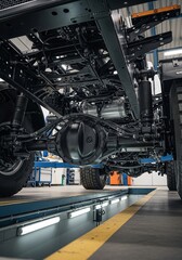 Obraz premium Undercarriage of a Heavy Duty Truck in Workshop.