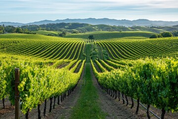 Obraz premium Expansive vineyard rows stretch towards distant hills under a serene sky