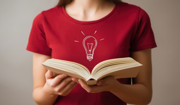 A person in a red shirt holds an open book with a glowing light bulb illustration above it, symbolizing ideas and knowledge.