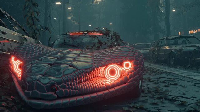 Cybernetic cobra in striking stance cracked overgrown forest road, glowing red eyes, neon body circuits, cyberpunk post apocalypse setting, vines ruined cars, moody atmospheric 4K sci-fi concept art