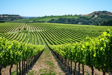 Naklejka premium Vineyard rows stretch across a landscape under a clear sky