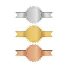 Silver bronze golden stamp with horizontal ribbons isolated