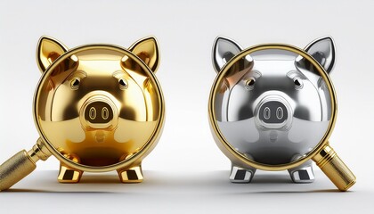 piggy bank shaped magnifying glasses gold and silver 3d rendering isolated on white background