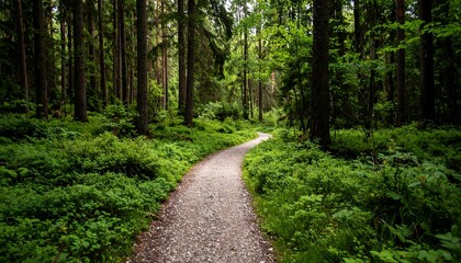 Fototapeta premium A winding gravel trail leading deeper into an enchanting forest with lush vegetation and towering