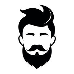 Black Silhouette of Man's Head with Beard, Mustache, and Hair on a White Background