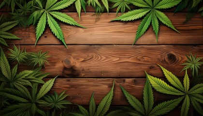 bird s eye view of a wooden floor with cannabis as the surrounding composition ai generated