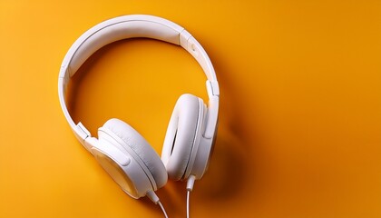 white headphones playing music on yellow background