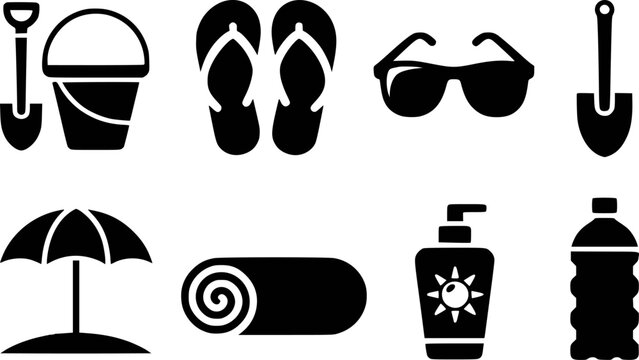 Beach vacation essentials including bucket shovel flip flops sunglasses umbrella rolled towel sunscreen and water bottle