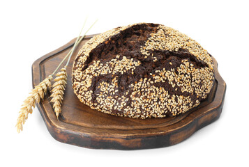 Fresh rye bread with seeds and spikes isolated on white