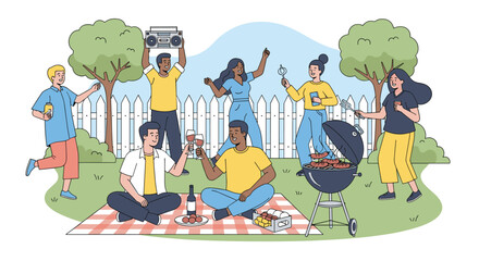 Enjoying a lively summer picnic gathering with friends dancing and grilling outdoors together having a wonderful time