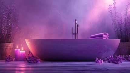 A serene purple bathroom with a large bathtub, candles, and lavender plants. The scene evokes a sense of relaxation and tranquility.