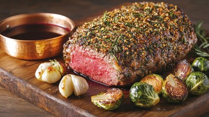 Herb crusted steak seasoned with fresh herbs and spices served on rustic wooden board with caramelized brussels sprouts