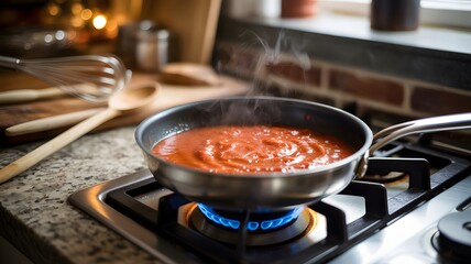 Homemade simmering tomato sauce kitchen cooking warmth