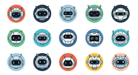 A collection of diverse pixel art robot avatars showing various emotions and expressions for digital projects