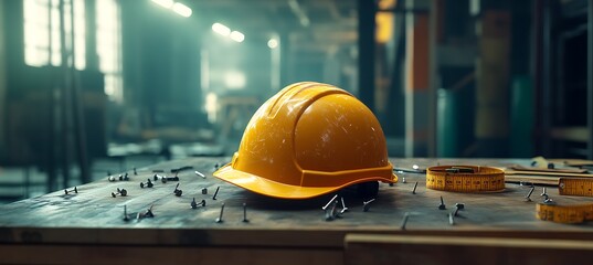 A yellow hard hat sits on a workbench surrounded by nails and measuring tapes in a workshop setting