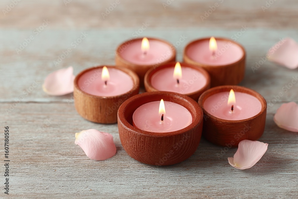 Wall mural flat lay of nine diya candles arranged in circle on rustic surface with flower petals copy space in 