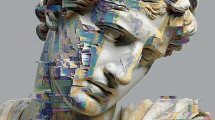 Fragmented Digital Statue with Corrupted Error Effects and Glitches
