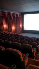 Fototapeta premium Empty movie theater auditorium with red seats and a blank screen