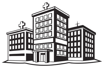 Fototapeta premium Stylized graphic of three medical buildings with crosses isolated on transparent background
