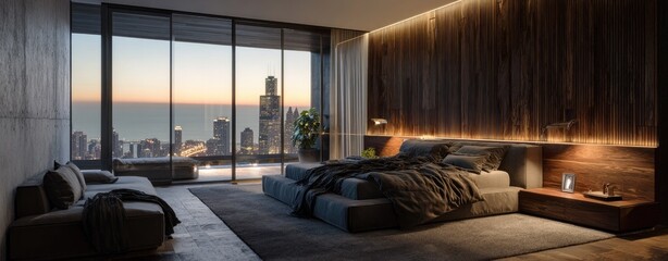 Modern penthouse bedroom with city views