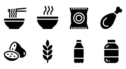 Food icons including noodles chicken potatoes and drinks chopsticks bowl