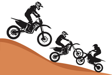 Motocross riders performing stunts on a dirt track isolated on transparent background