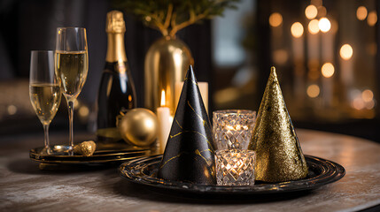 Elegant New Year's Eve Table Setting with Gold and Black Decorations