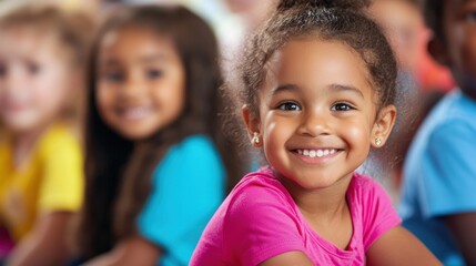 A young girl with curly hair smiling in a classroom setting.