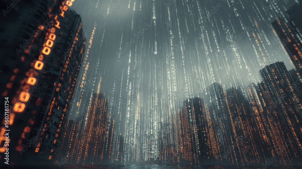 Poster digital rain over virtual city with binary code elements