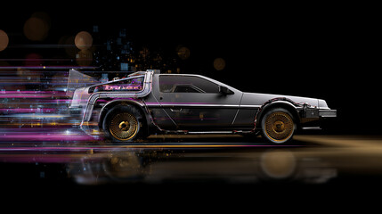 Futuristic Black Sports Car with Gold Wheels Moving at Night with Glowing Light Trails