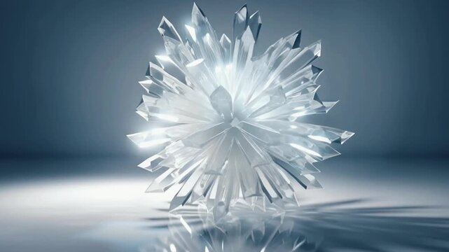 abstract 3D glass bloom, geometric shards rotating spherical structure rhythmically flower, clear crystal glass, refraction soft light environment, white studio seamless 4k animation