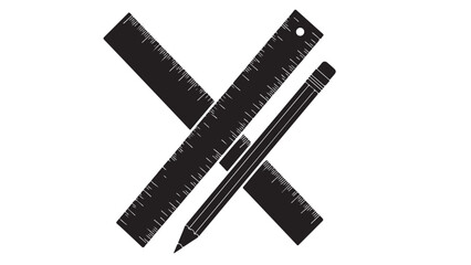 Black and white vector illustration of crossed rulers and pencil