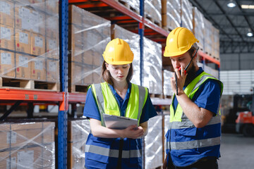 Two industrial workers wearing safety vests and helmets collaborate while inspecting vehicle parts in large auto parts warehouse.