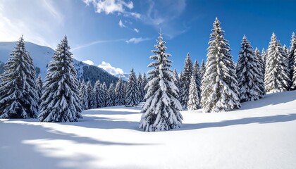 Snowy fir trees in a mountain valley