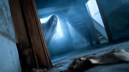 Ghostly Woman in Abandoned Basement, Eerie Blue Lighting, Horror Scene