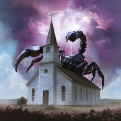 Giant Scorpion on Church Under a Dramatic Stormy Sky
