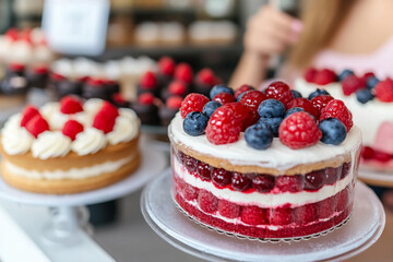 Baker decorates a vibrant cake with fresh berries in a bakery