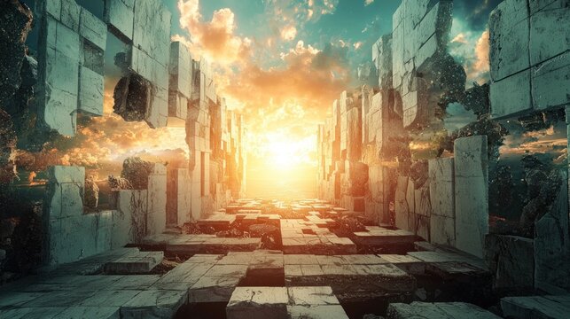 A surreal, ancient stone structure with a glowing, otherworldly sky in the background. The scene is filled with broken stone blocks and a bright, ethereal light source.