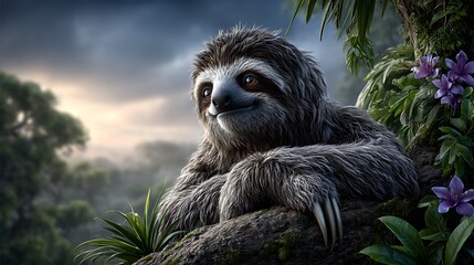 Fototapeta premium A peaceful jungle canopy scene with a sloth resting on a high branch, surrounded by dense leaves, vibrant flowers, and a few parrots flying across the sunlit sky.