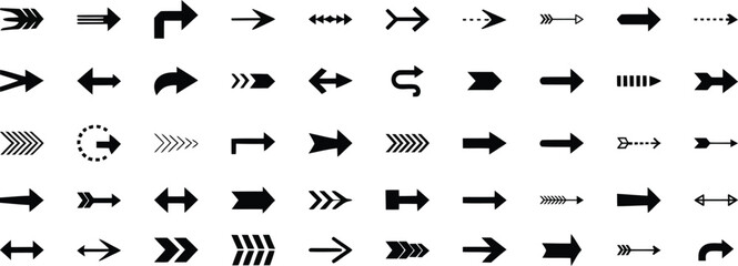50 Arrow icon set. Large collection of black directional symbols. Various styles including pointers, dashed, curved, and chevron arrows for navigation and user interface design.
