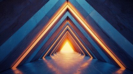 A futuristic, geometrically designed tunnel with blue and orange lights, leading to a bright, glowing light at the end.