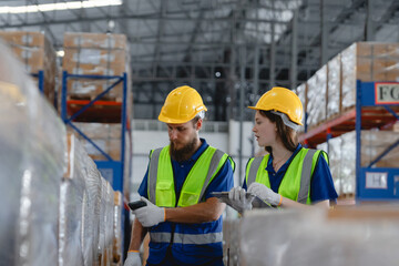 Two warehouse workers wearing safety vests and helmets scanning product barcodes in storage...