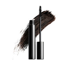 Mascara wand and tube w/ smear for cosmetics ad. Black background isolates subject