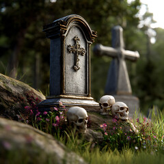 Grey Weathered Tombstone with Skulls in a Sunlit Forest Graveyard