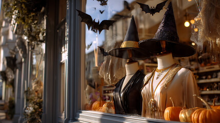 Halloween Witch Hats and Pumpkins Displayed in Storefront Window
